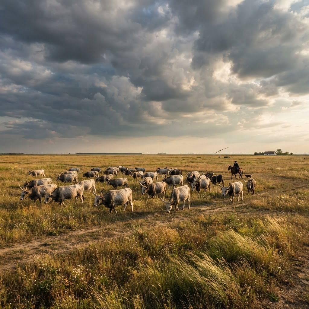 Magyar Alföld puszta, szürke marha csordával
