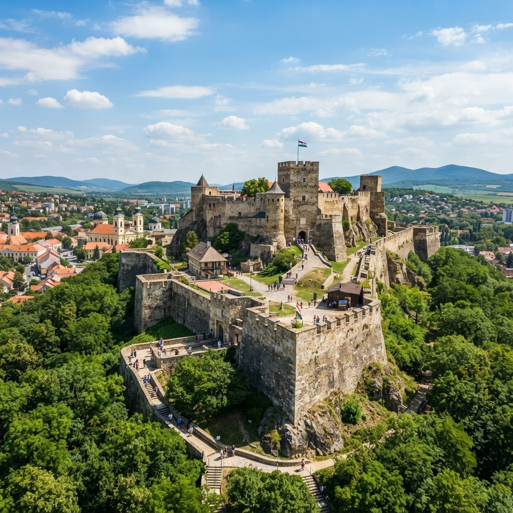 Egri vár kőfalai és bástyái domboldalon