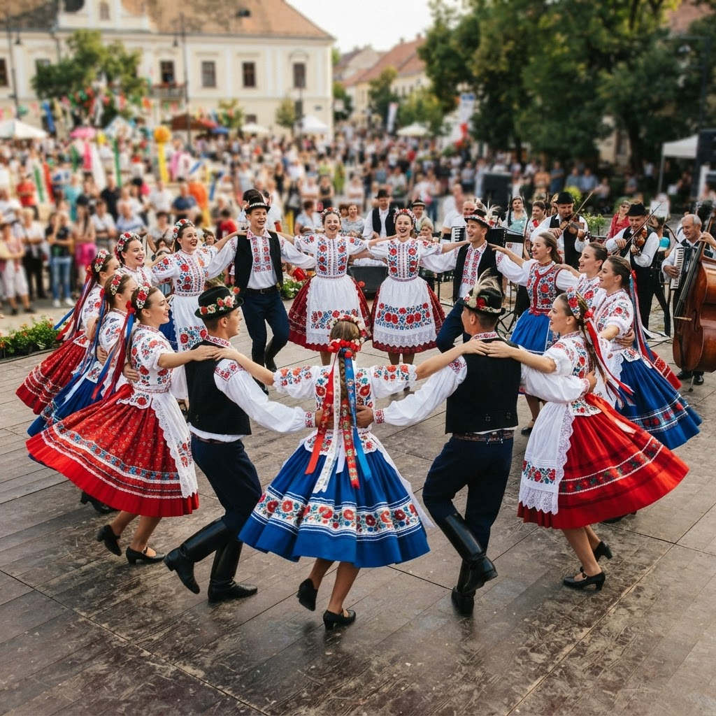 Magyar néptáncos előadás hagyományos viseletben