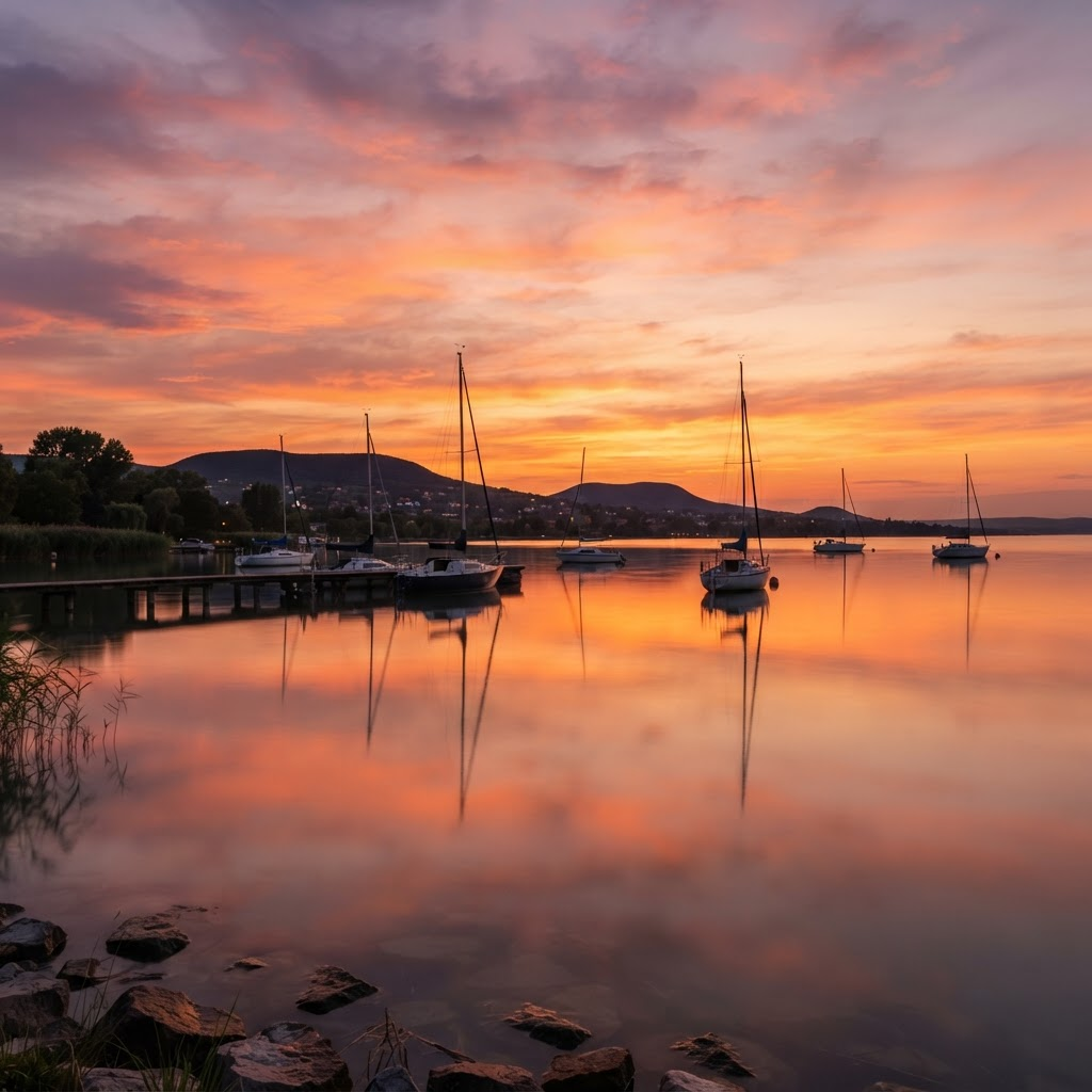Balaton tó naplementekor, vitorlások sziluettjei