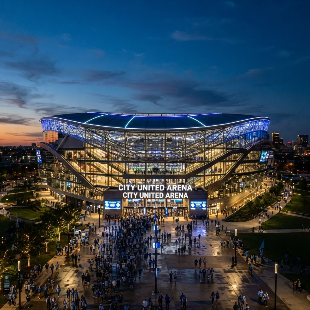 Modern labdarúgó-stadion külső képe alkonyatban — megvilágított homlokzat